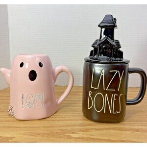 Lot of 2 Rae Dunn Halloween Black LAZY BONES w/lid & Pink Boo! Ghost Mug